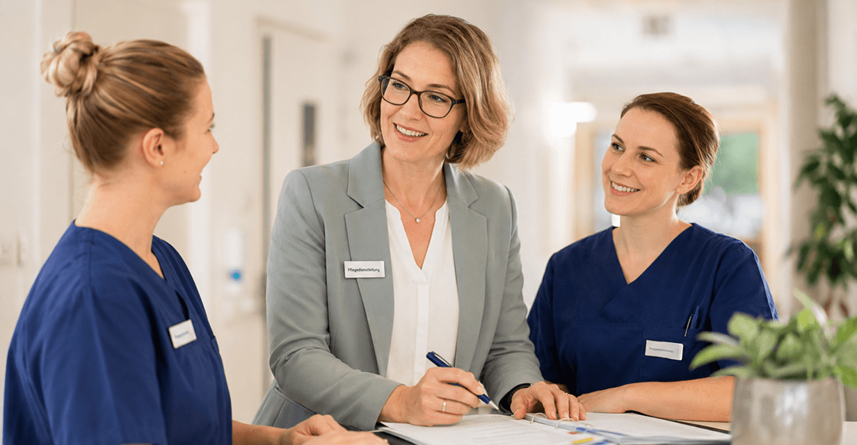 Pflegedienstleitung im Gespräch mit Pflegekräften