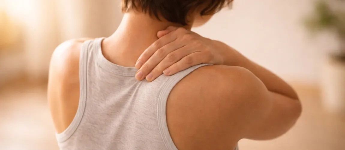 Nahaufnahme eines bekleideten Rückens, eine Hand fasst an den Nacken.