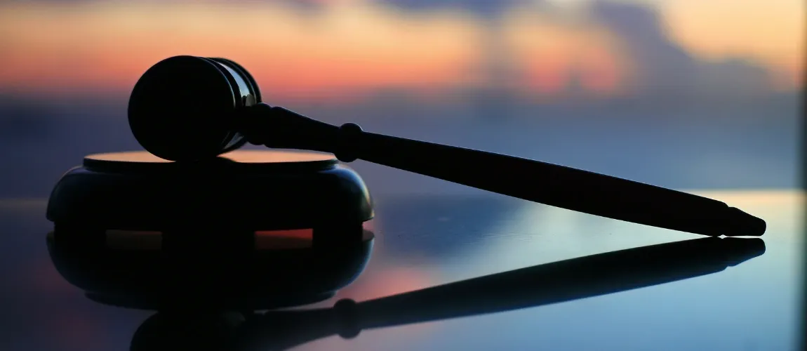 Ein Richterhammer liegt auf einem Schlagblock. Im Hintergrund ist ein Sonnenaufgang zu sehen.