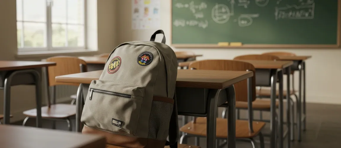 Ein Rucksack liegt auf einem Stuhl im Klassenzimmer.