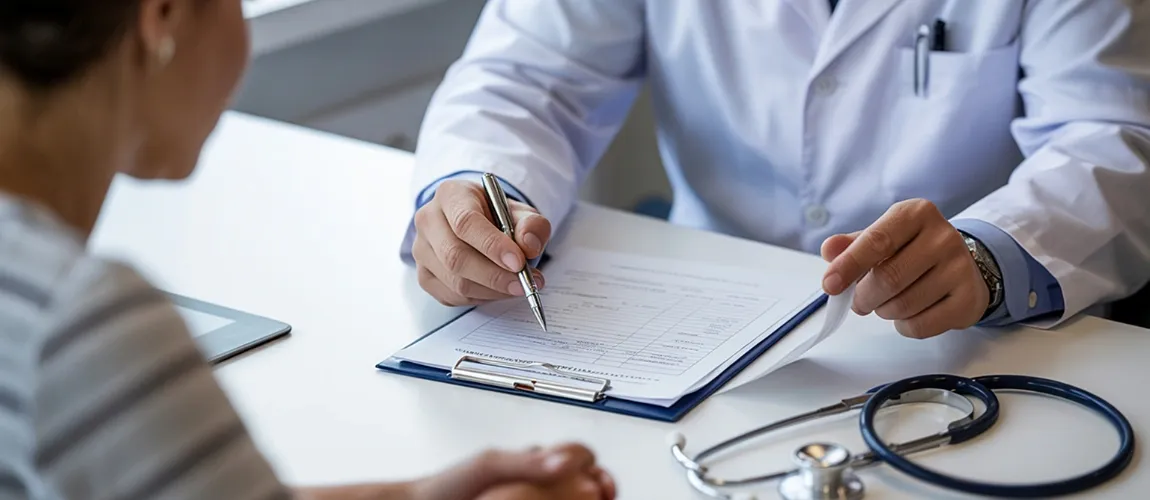 Ein Patient:in sitzt einem Arzt in einer Sprechstunde gegenüber.