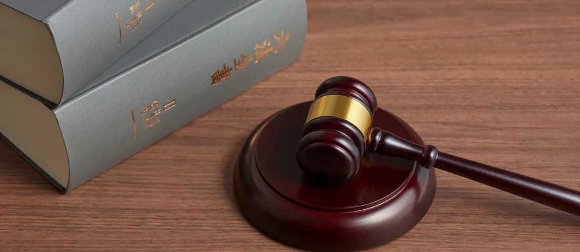 Ein Richterhammer liegt auf einem Tisch, daneben zwei graue Bücher.