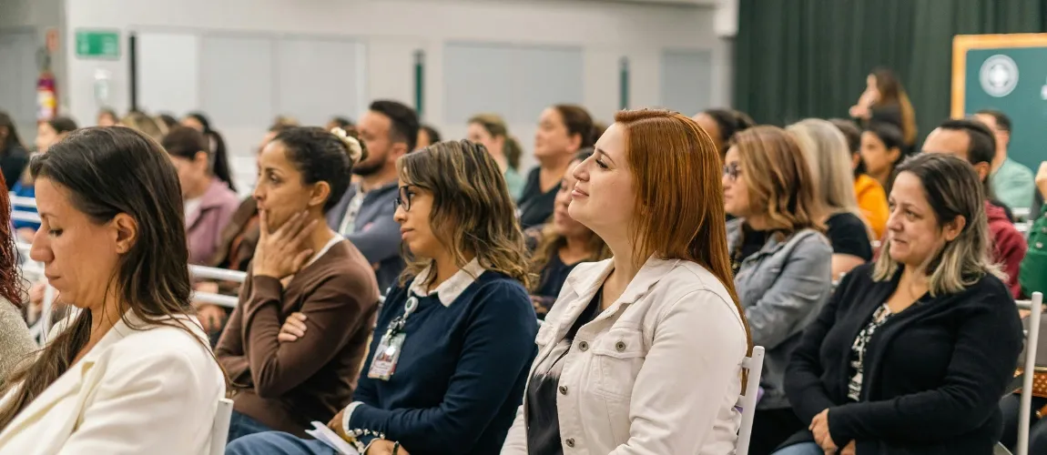 Männer und Frauen sitzen in einem Veranstaltungsraum und blicken nach vorne.