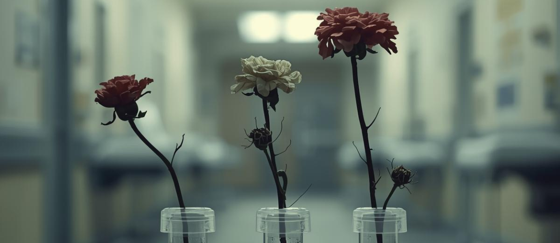 Drei verwelkte Blumen in Nahaufnahme, im Hintergrund ist ein Krankenhausflur abgebildet.
